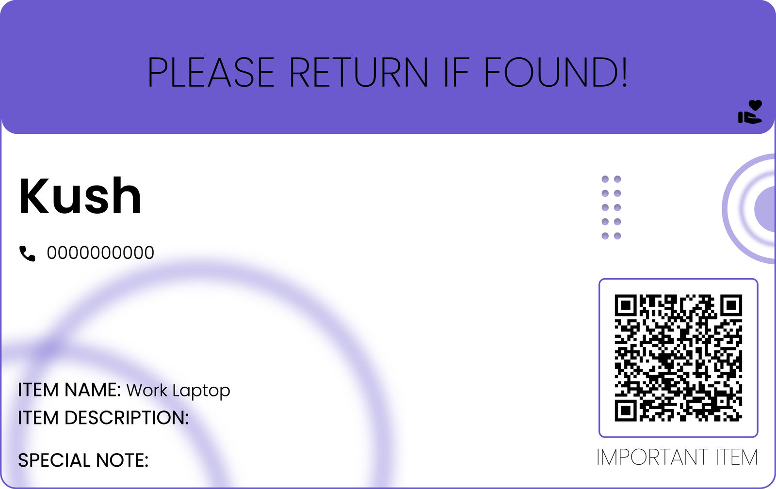 Lost and found label preview showing a purple themed return label