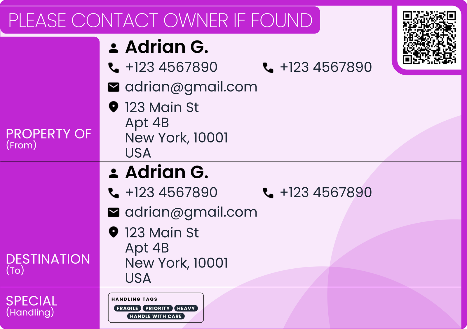 Luggage tag preview showing owner, destination, and QR code